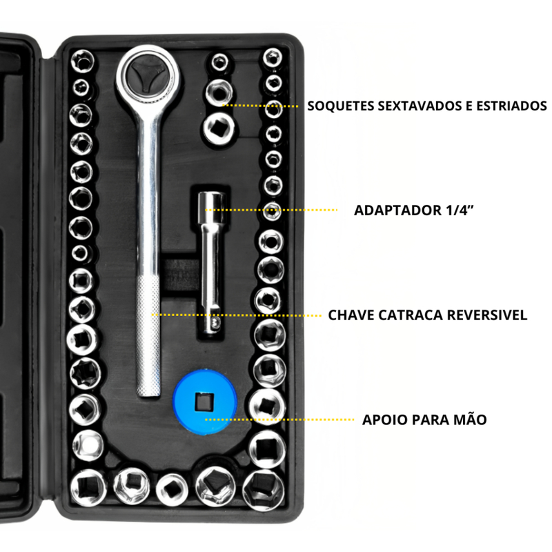 Kit Jogo De Soquete Chave Catraca Reversível 1/4 - 40 Peças - LojasCésil